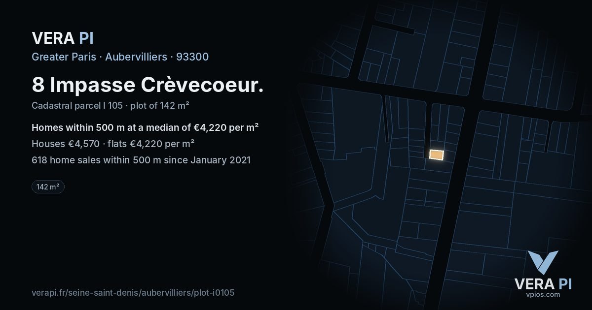 8 Impasse Crèvecoeur, Aubervilliers at night – the plot lit, the parcels around coloured by the prices near them