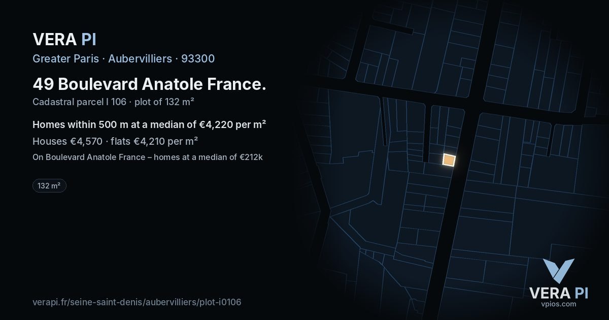 49 Boulevard Anatole France, Aubervilliers at night – the plot lit, the parcels around coloured by the prices near them