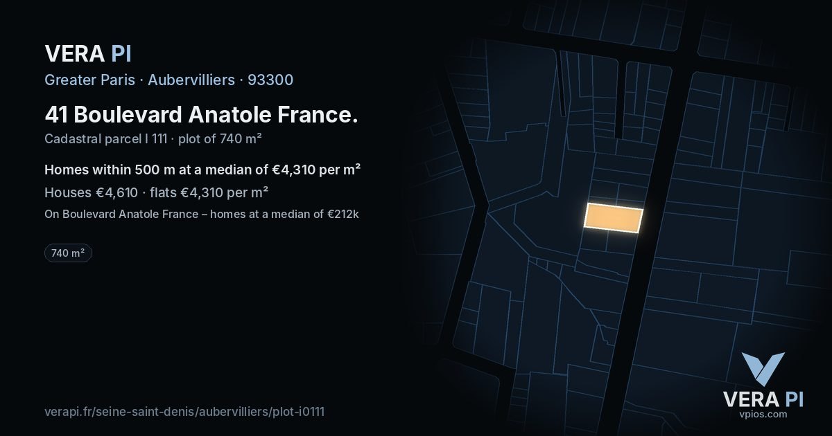 41 Boulevard Anatole France, Aubervilliers at night – the plot lit, the parcels around coloured by the prices near them