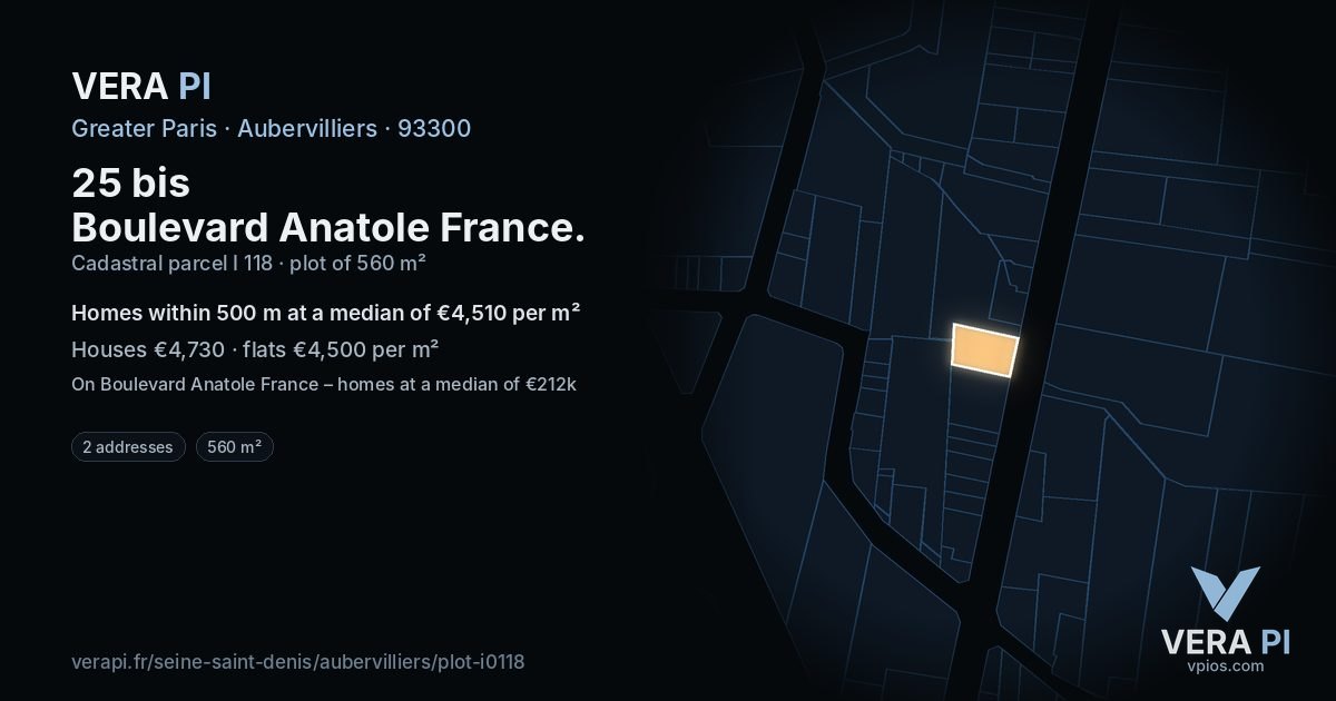 25 bis Boulevard Anatole France, Aubervilliers at night – the plot lit, the parcels around coloured by the prices near them