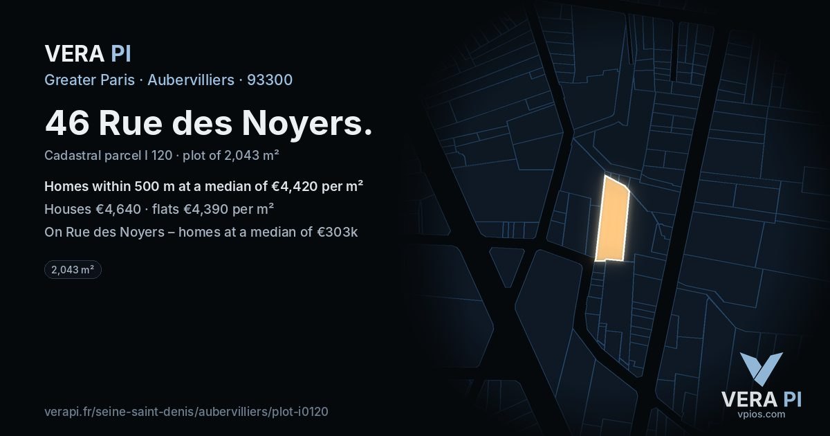 46 Rue des Noyers, Aubervilliers at night – the plot lit, the parcels around coloured by the prices near them