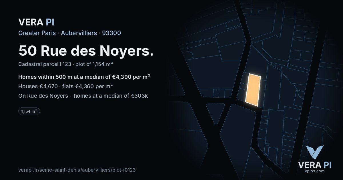 50 Rue des Noyers, Aubervilliers at night – the plot lit, the parcels around coloured by the prices near them