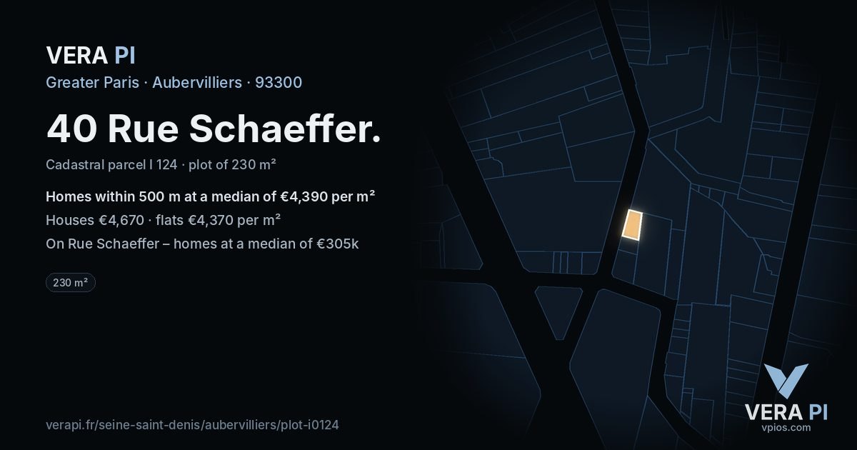 40 Rue Schaeffer, Aubervilliers at night – the plot lit, the parcels around coloured by the prices near them