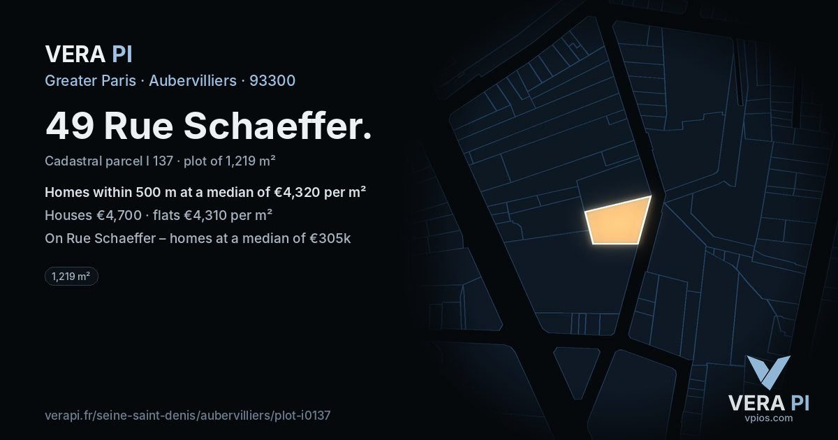 49 Rue Schaeffer, Aubervilliers at night – the plot lit, the parcels around coloured by the prices near them