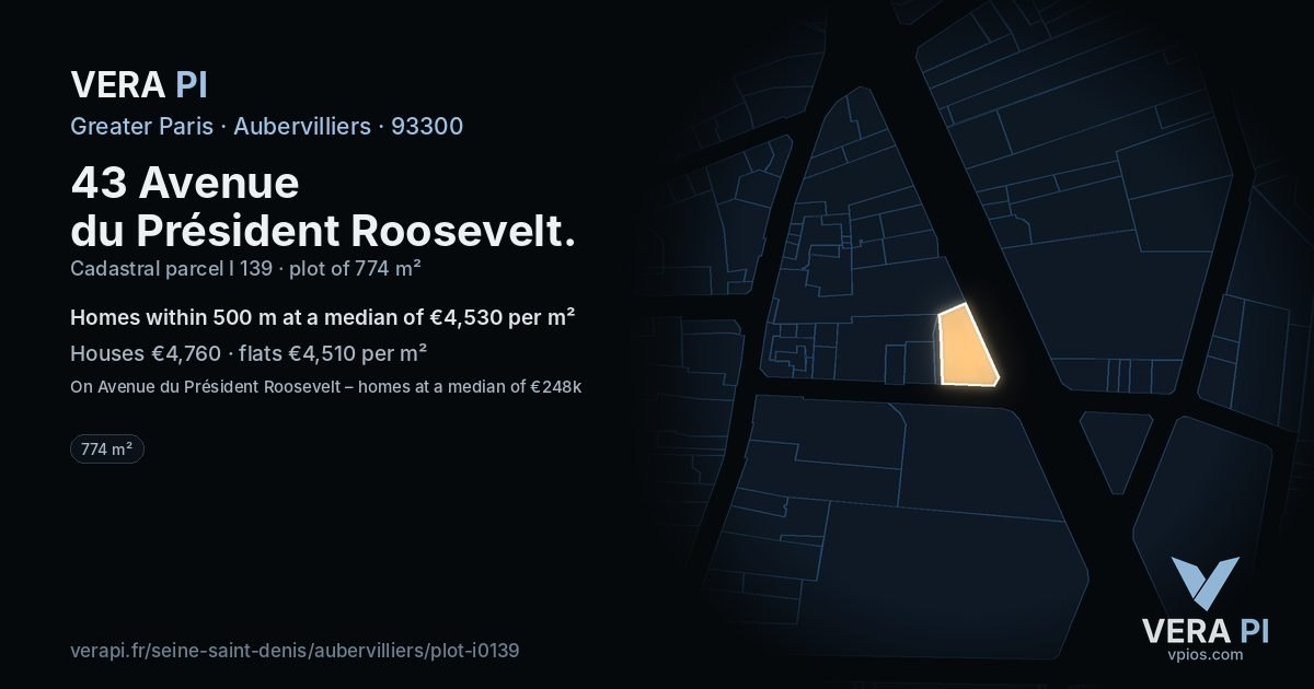 43 Avenue du Président Roosevelt, Aubervilliers at night – the plot lit, the parcels around coloured by the prices near them