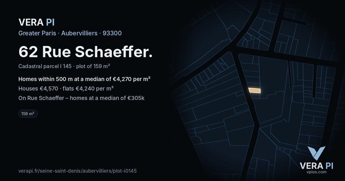 62 Rue Schaeffer, Aubervilliers at night – the plot lit, the parcels around coloured by the prices near them