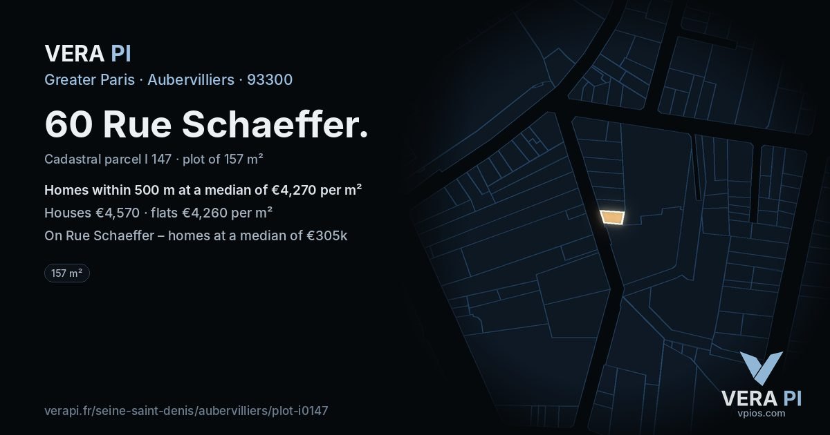 60 Rue Schaeffer, Aubervilliers at night – the plot lit, the parcels around coloured by the prices near them