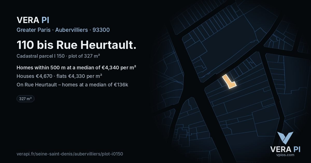 110 bis Rue Heurtault, Aubervilliers at night – the plot lit, the parcels around coloured by the prices near them