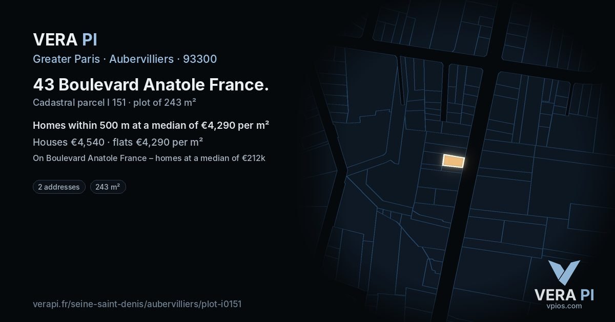 43 Boulevard Anatole France, Aubervilliers at night – the plot lit, the parcels around coloured by the prices near them