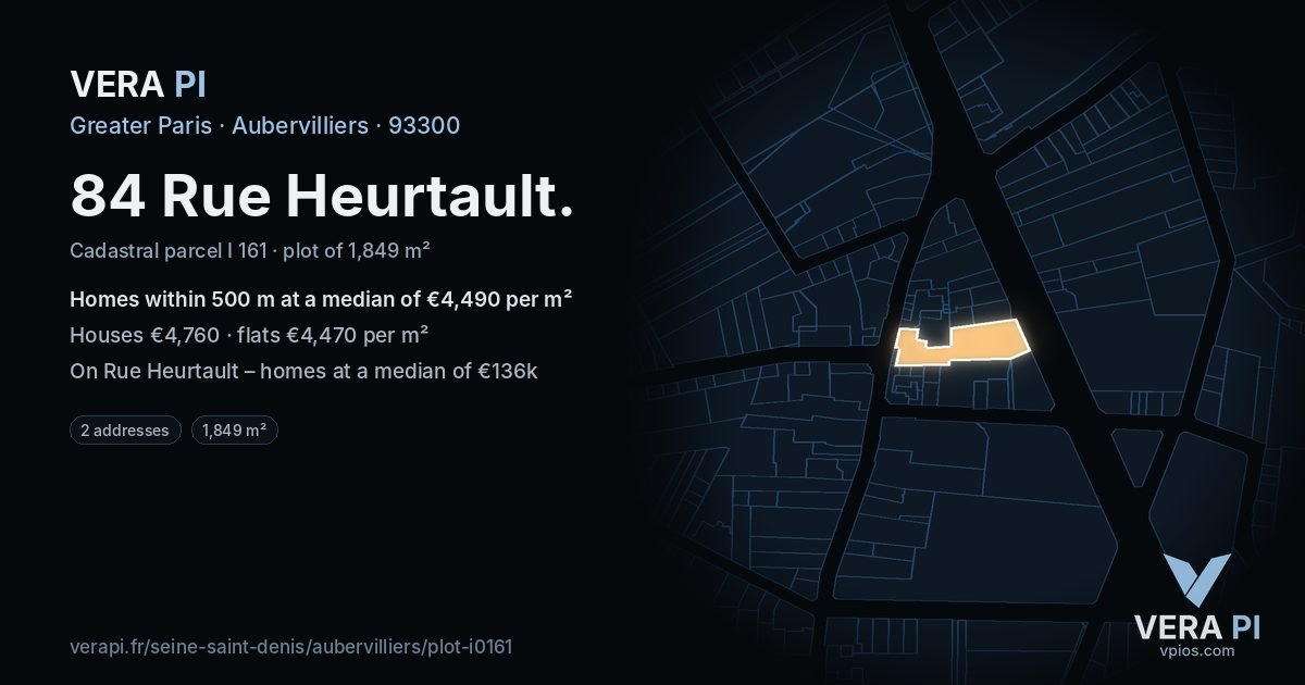84 Rue Heurtault, Aubervilliers at night – the plot lit, the parcels around coloured by the prices near them