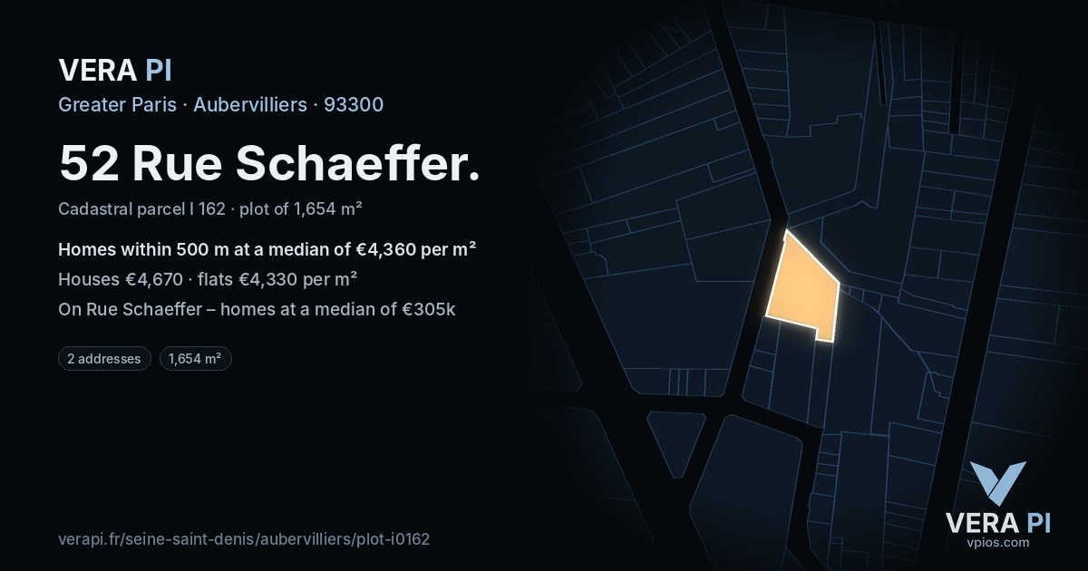 52 Rue Schaeffer, Aubervilliers at night – the plot lit, the parcels around coloured by the prices near them