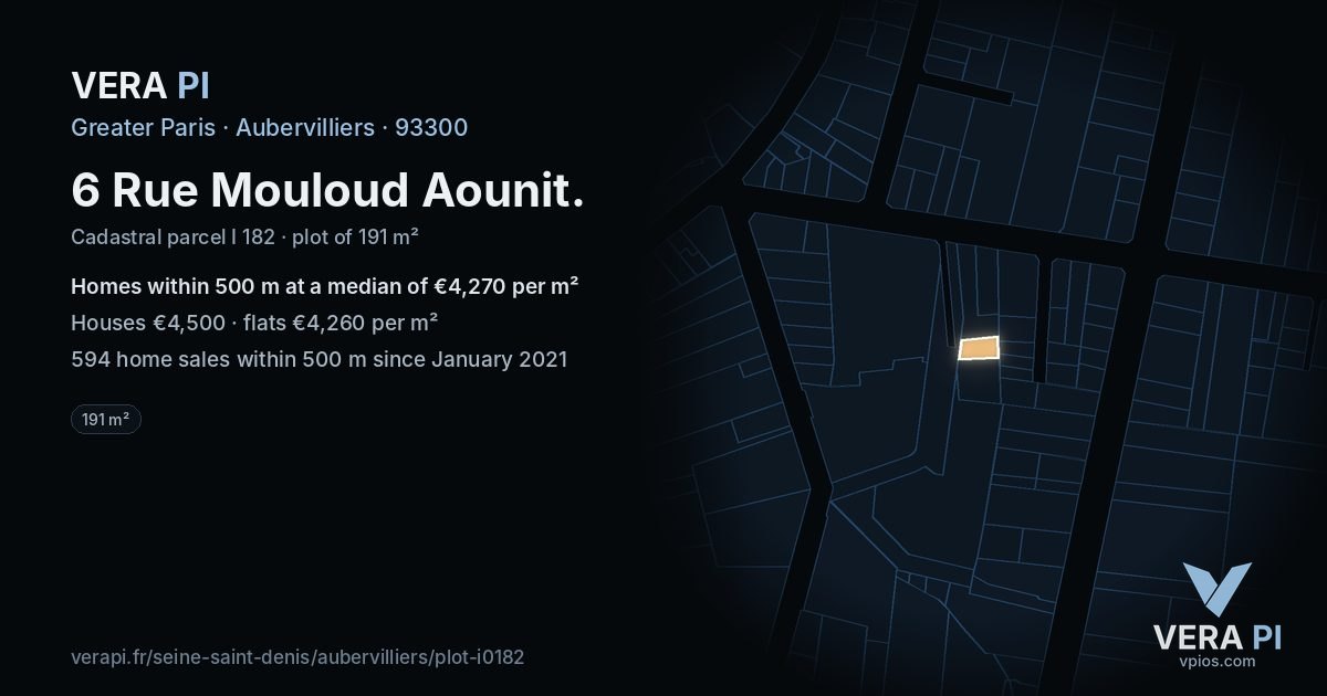 6 Rue Mouloud Aounit, Aubervilliers at night – the plot lit, the parcels around coloured by the prices near them