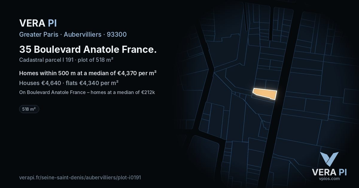 35 Boulevard Anatole France, Aubervilliers at night – the plot lit, the parcels around coloured by the prices near them