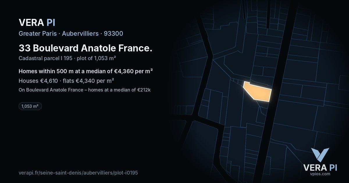 33 Boulevard Anatole France, Aubervilliers at night – the plot lit, the parcels around coloured by the prices near them
