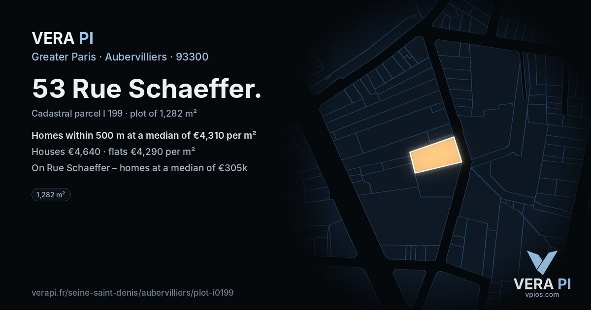 53 Rue Schaeffer, Aubervilliers at night – the plot lit, the parcels around coloured by the prices near them