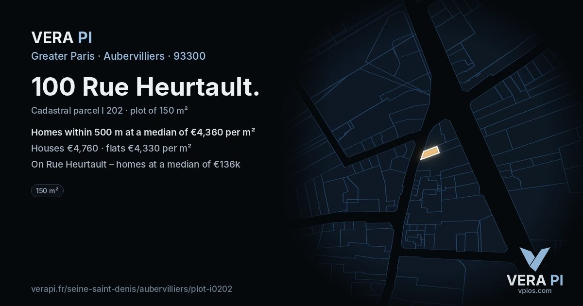 100 Rue Heurtault, Aubervilliers at night – the plot lit, the parcels around coloured by the prices near them