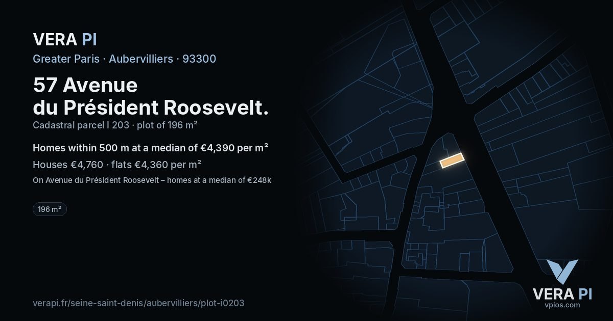 57 Avenue du Président Roosevelt, Aubervilliers at night – the plot lit, the parcels around coloured by the prices near them