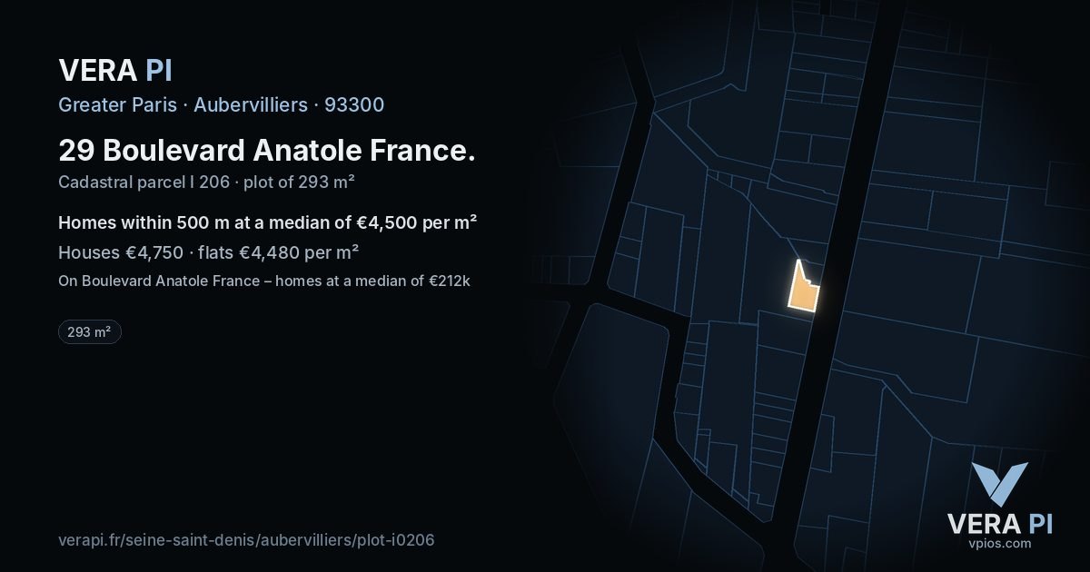 29 Boulevard Anatole France, Aubervilliers at night – the plot lit, the parcels around coloured by the prices near them