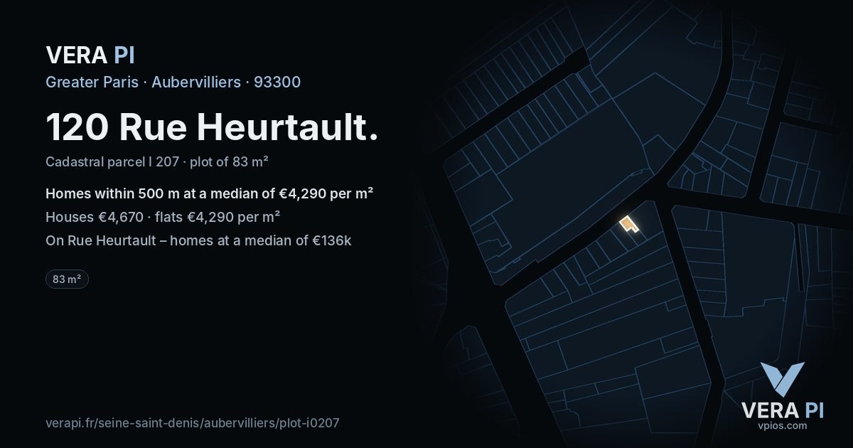 120 Rue Heurtault, Aubervilliers at night – the plot lit, the parcels around coloured by the prices near them
