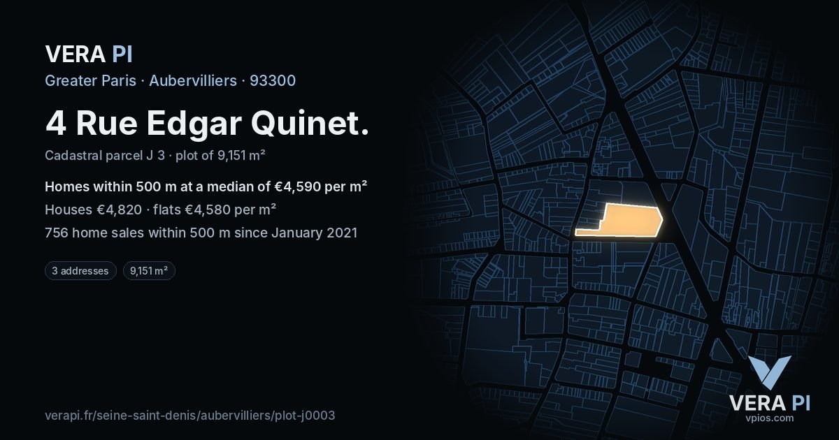 4 Rue Edgar Quinet, Aubervilliers at night – the plot lit, the parcels around coloured by the prices near them