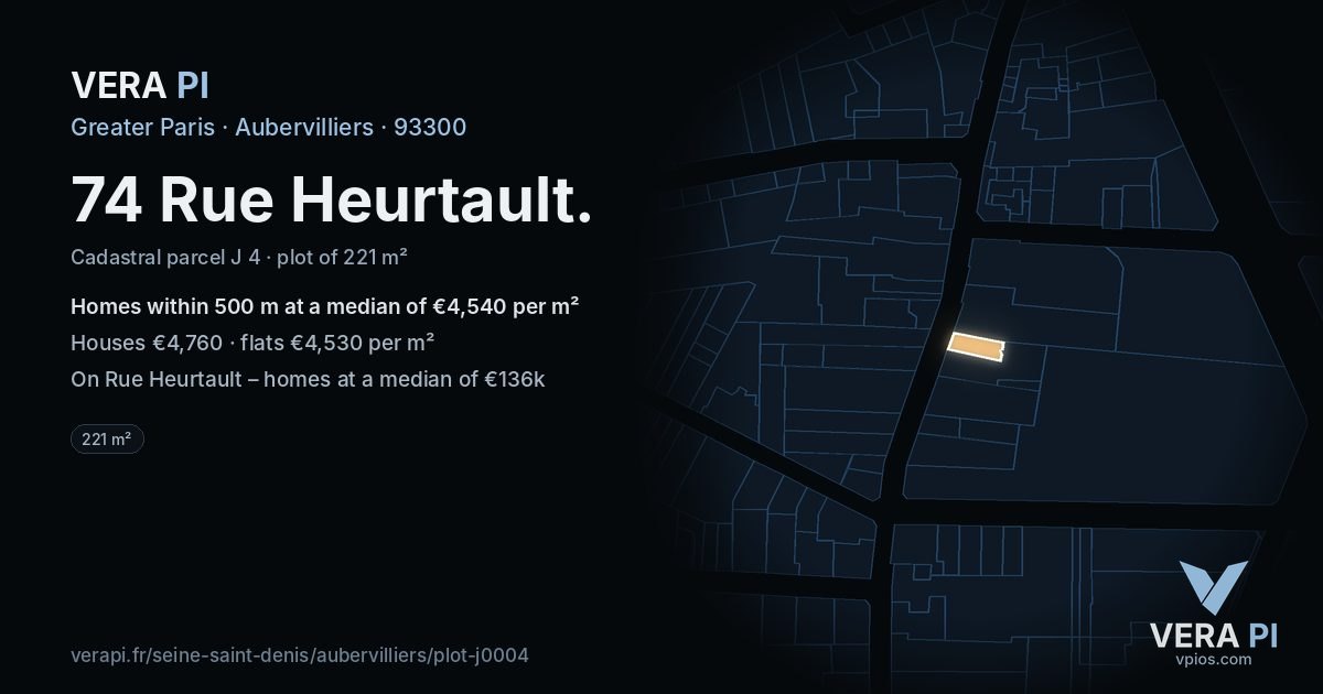 74 Rue Heurtault, Aubervilliers at night – the plot lit, the parcels around coloured by the prices near them
