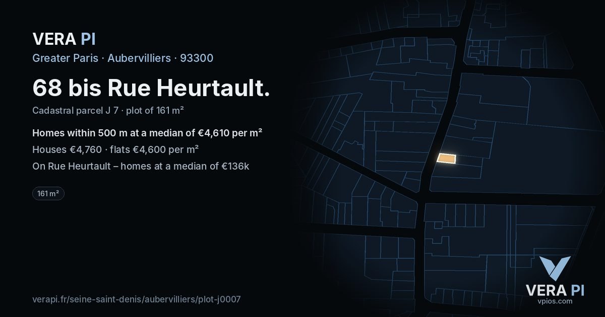 68 bis Rue Heurtault, Aubervilliers at night – the plot lit, the parcels around coloured by the prices near them