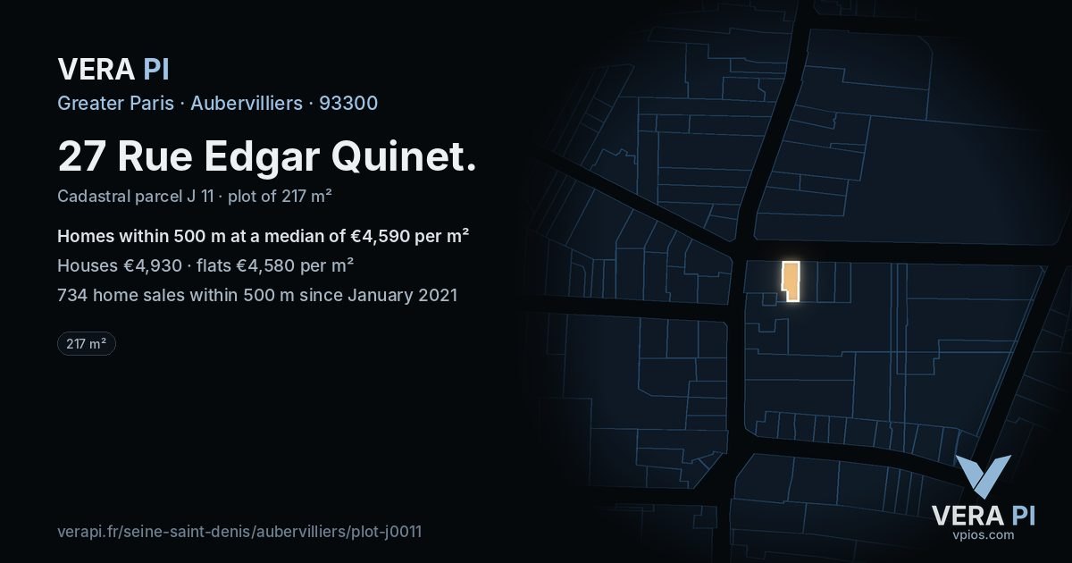 27 Rue Edgar Quinet, Aubervilliers at night – the plot lit, the parcels around coloured by the prices near them