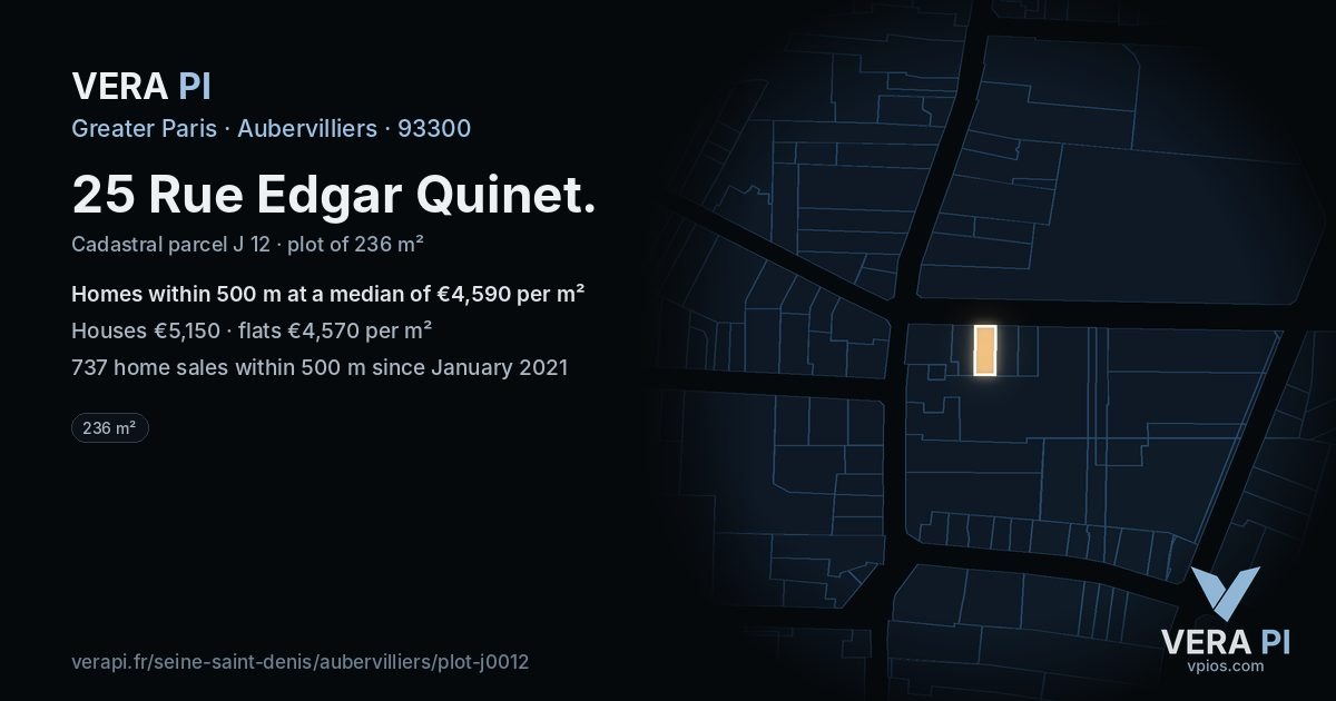 25 Rue Edgar Quinet, Aubervilliers at night – the plot lit, the parcels around coloured by the prices near them
