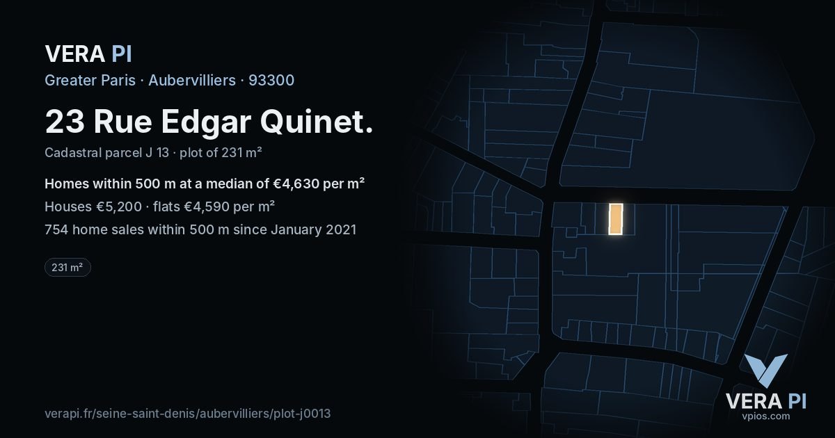 23 Rue Edgar Quinet, Aubervilliers at night – the plot lit, the parcels around coloured by the prices near them