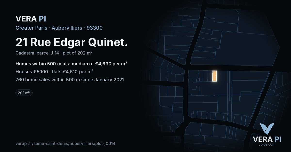 21 Rue Edgar Quinet, Aubervilliers at night – the plot lit, the parcels around coloured by the prices near them