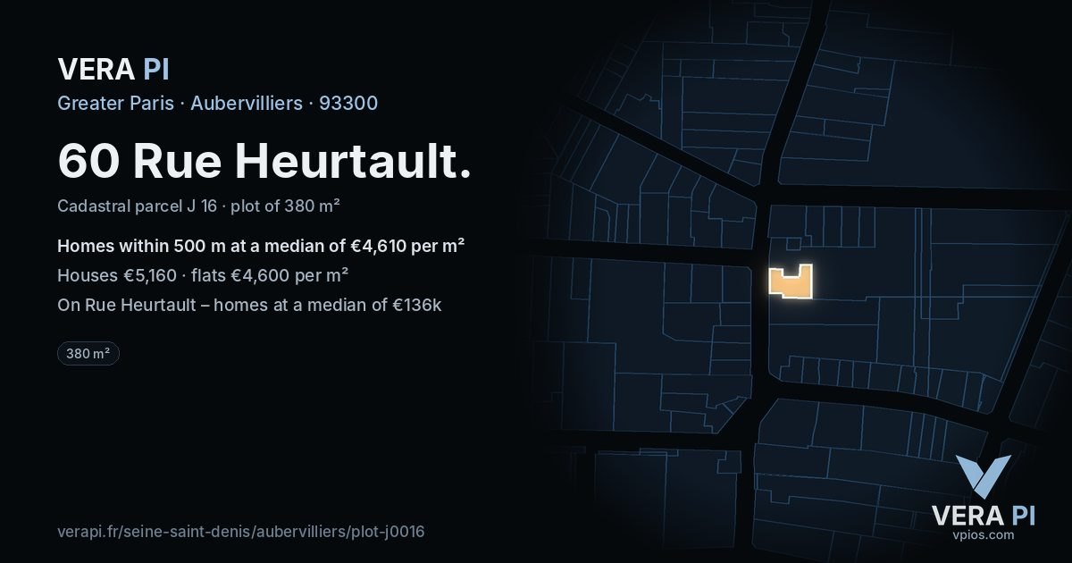 60 Rue Heurtault, Aubervilliers at night – the plot lit, the parcels around coloured by the prices near them