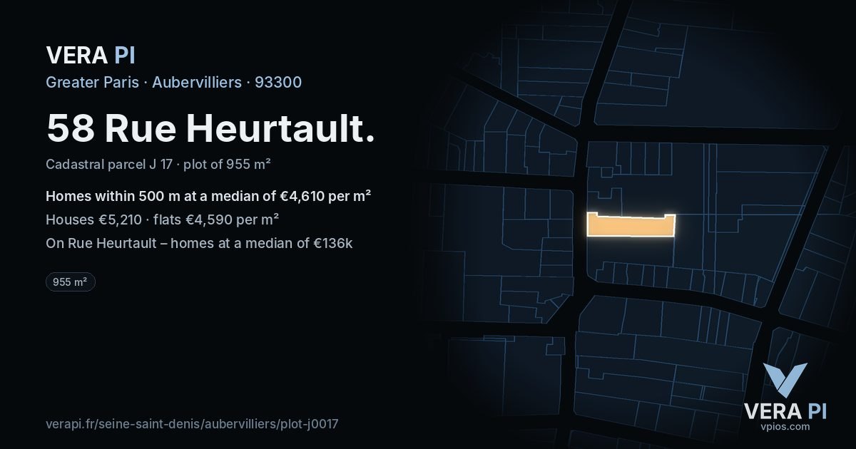 58 Rue Heurtault, Aubervilliers at night – the plot lit, the parcels around coloured by the prices near them