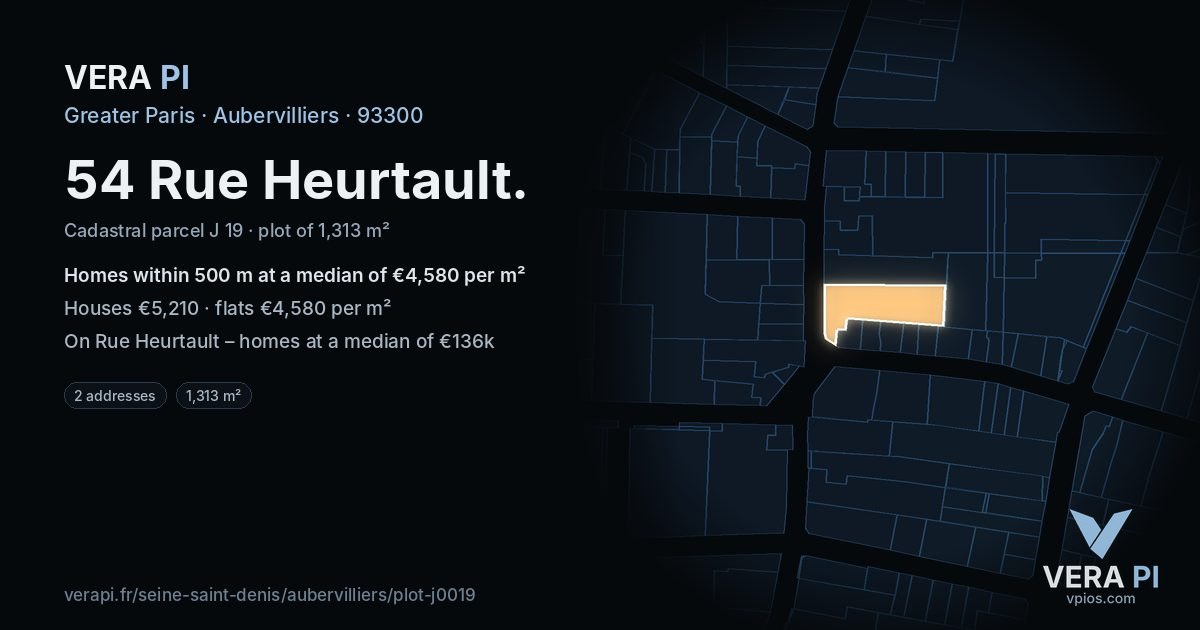 54 Rue Heurtault, Aubervilliers at night – the plot lit, the parcels around coloured by the prices near them