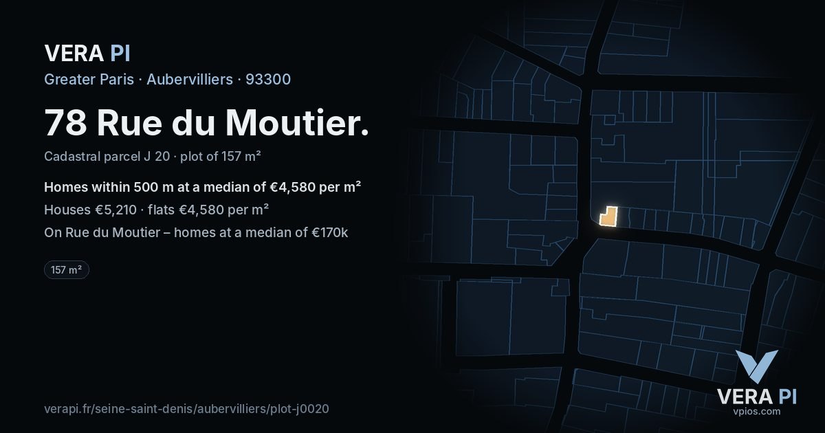 78 Rue du Moutier, Aubervilliers at night – the plot lit, the parcels around coloured by the prices near them