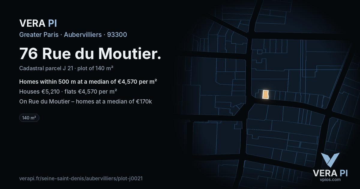 76 Rue du Moutier, Aubervilliers at night – the plot lit, the parcels around coloured by the prices near them