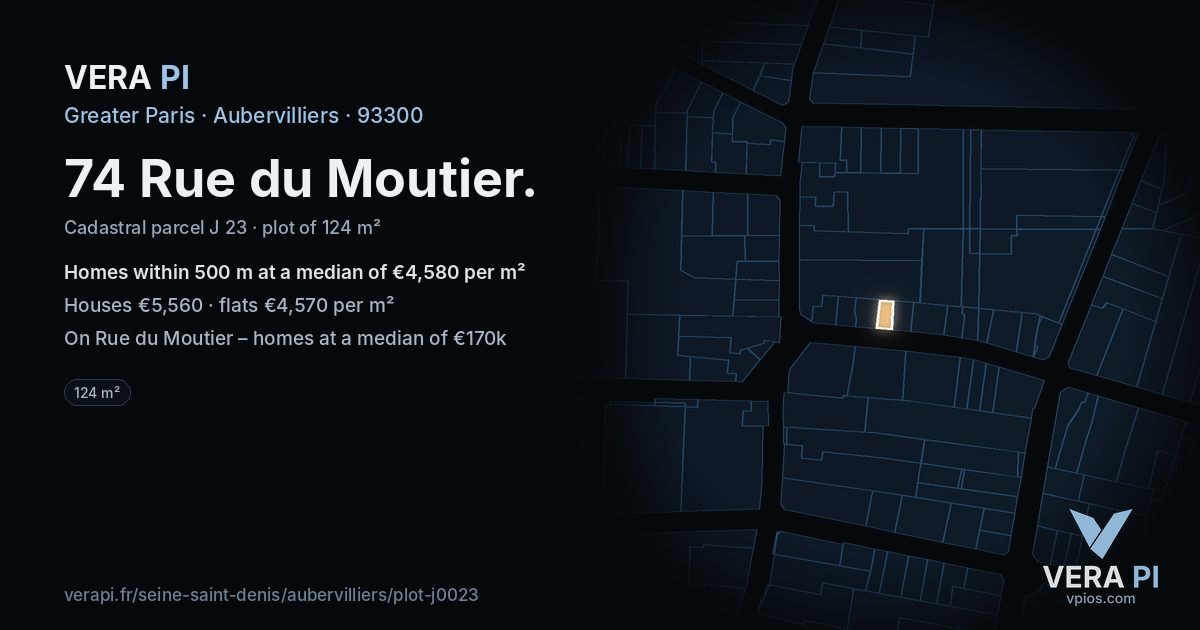 74 Rue du Moutier, Aubervilliers at night – the plot lit, the parcels around coloured by the prices near them