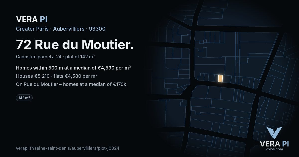 72 Rue du Moutier, Aubervilliers at night – the plot lit, the parcels around coloured by the prices near them