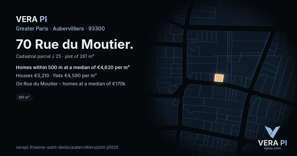 70 Rue du Moutier, Aubervilliers at night – the plot lit, the parcels around coloured by the prices near them