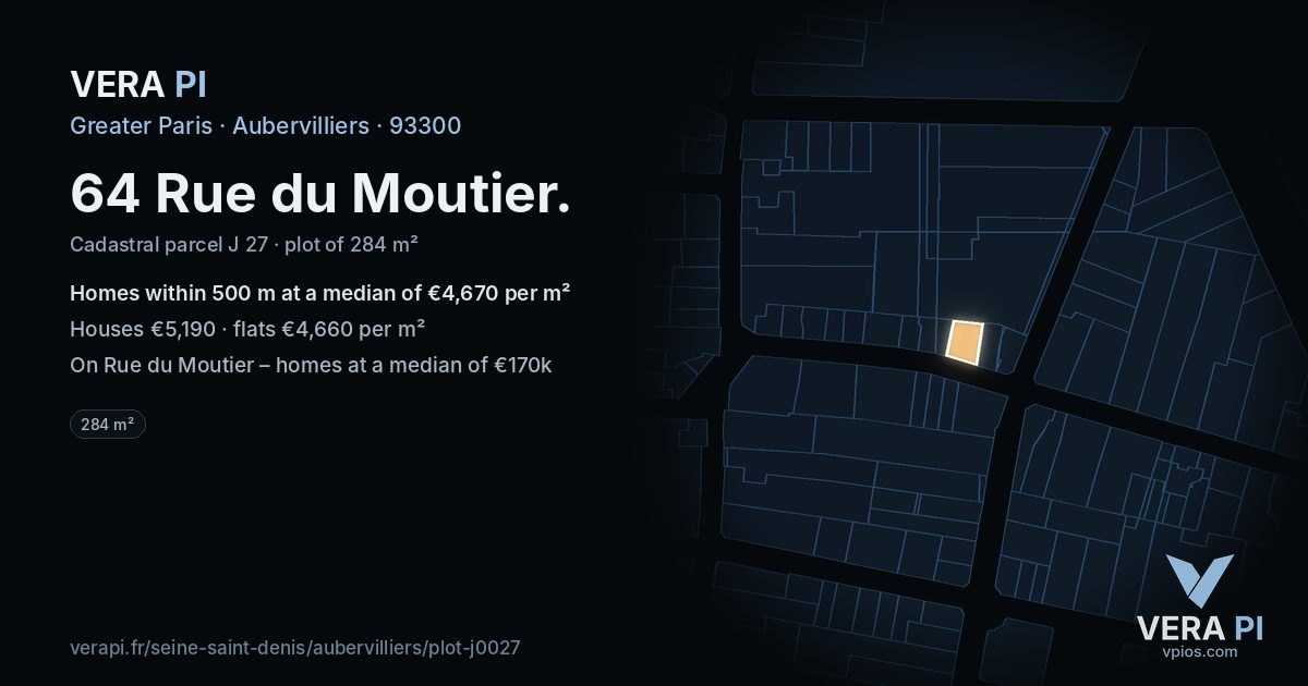 64 Rue du Moutier, Aubervilliers at night – the plot lit, the parcels around coloured by the prices near them