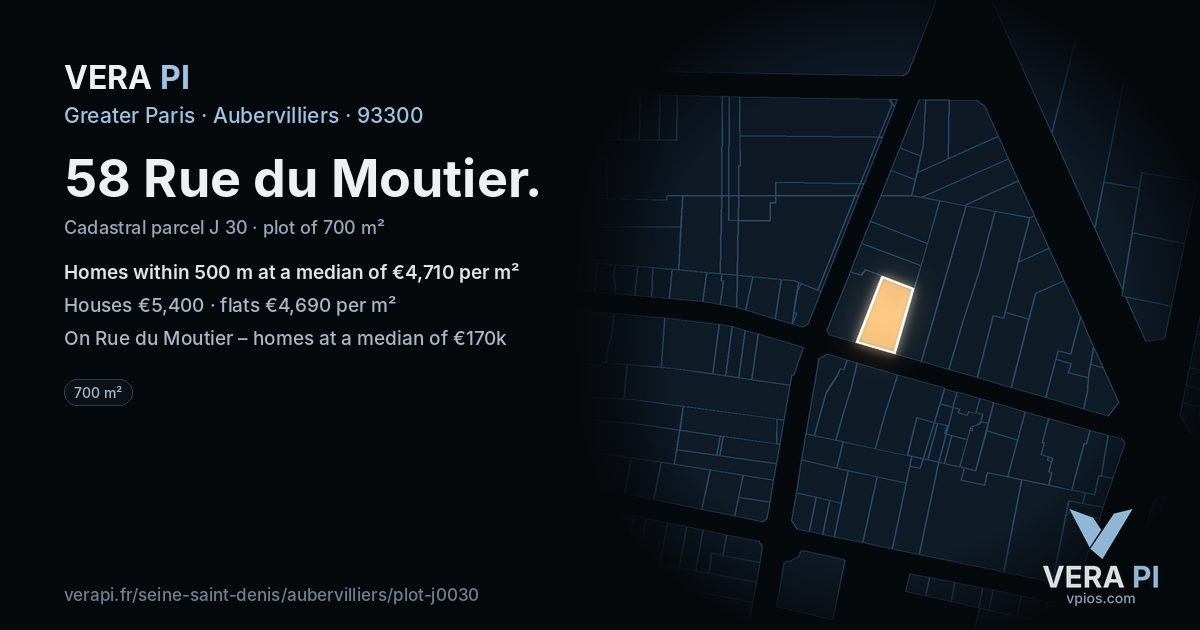 58 Rue du Moutier, Aubervilliers at night – the plot lit, the parcels around coloured by the prices near them