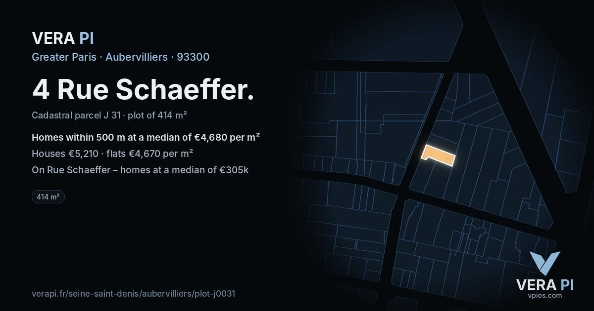 4 Rue Schaeffer, Aubervilliers at night – the plot lit, the parcels around coloured by the prices near them