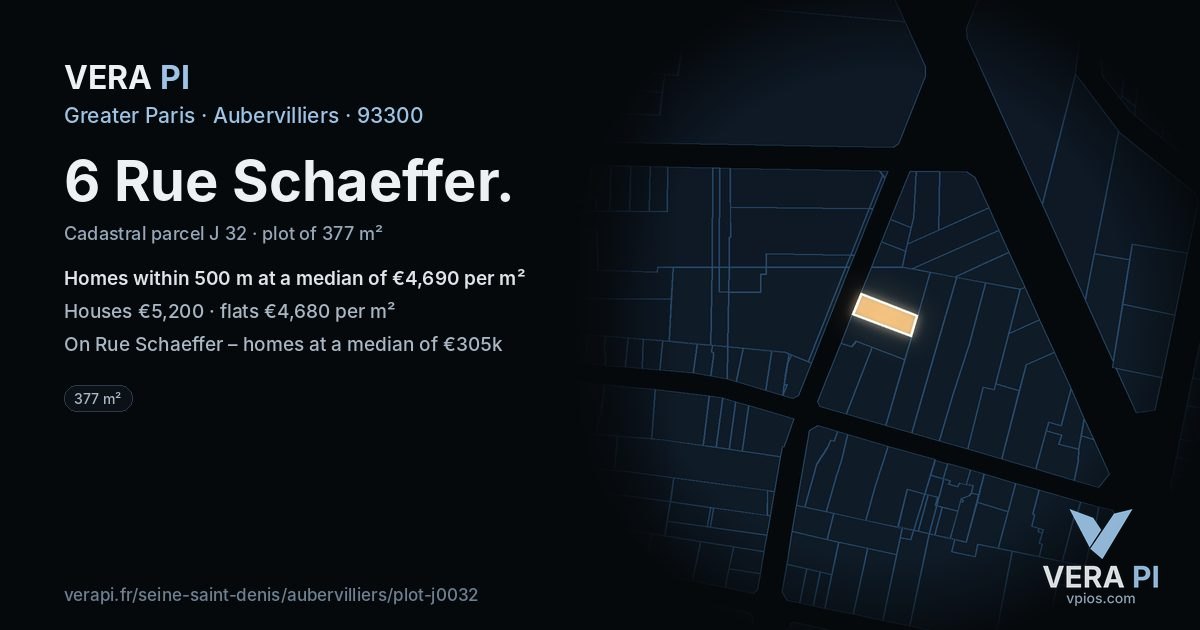 6 Rue Schaeffer, Aubervilliers at night – the plot lit, the parcels around coloured by the prices near them