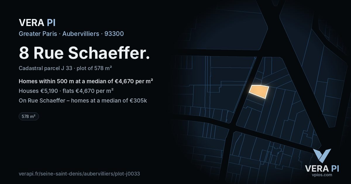 8 Rue Schaeffer, Aubervilliers at night – the plot lit, the parcels around coloured by the prices near them