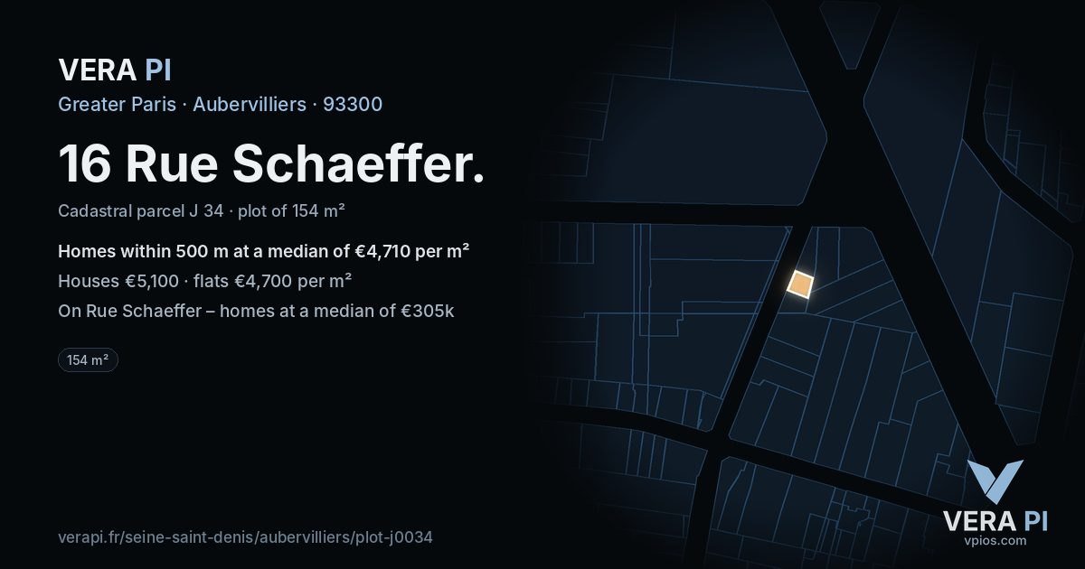 16 Rue Schaeffer, Aubervilliers at night – the plot lit, the parcels around coloured by the prices near them