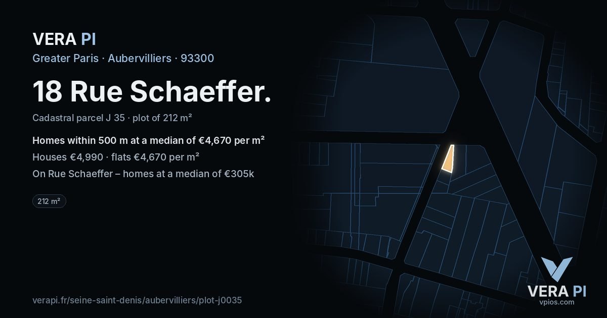 18 Rue Schaeffer, Aubervilliers at night – the plot lit, the parcels around coloured by the prices near them