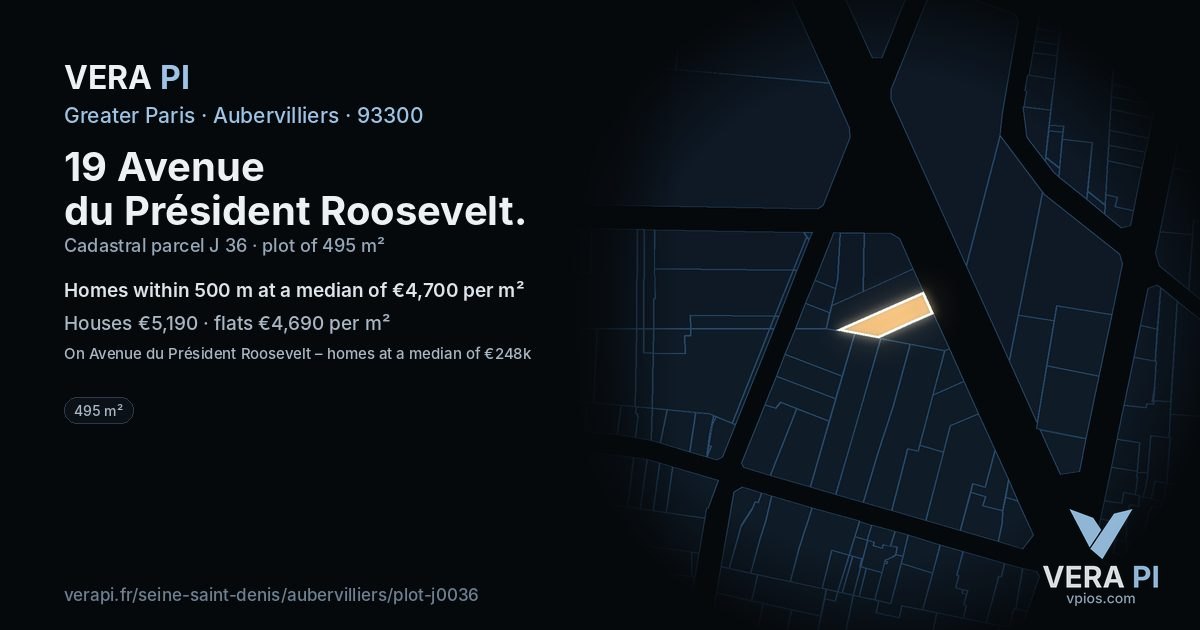 19 Avenue du Président Roosevelt, Aubervilliers at night – the plot lit, the parcels around coloured by the prices near them