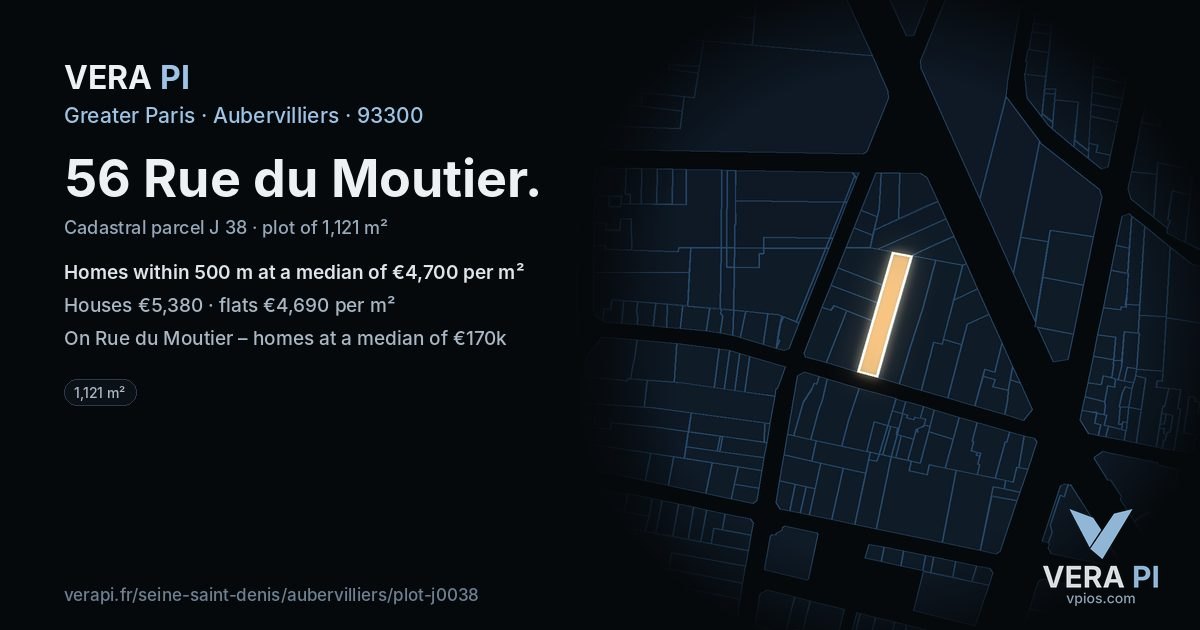56 Rue du Moutier, Aubervilliers at night – the plot lit, the parcels around coloured by the prices near them
