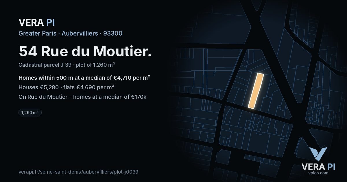 54 Rue du Moutier, Aubervilliers at night – the plot lit, the parcels around coloured by the prices near them