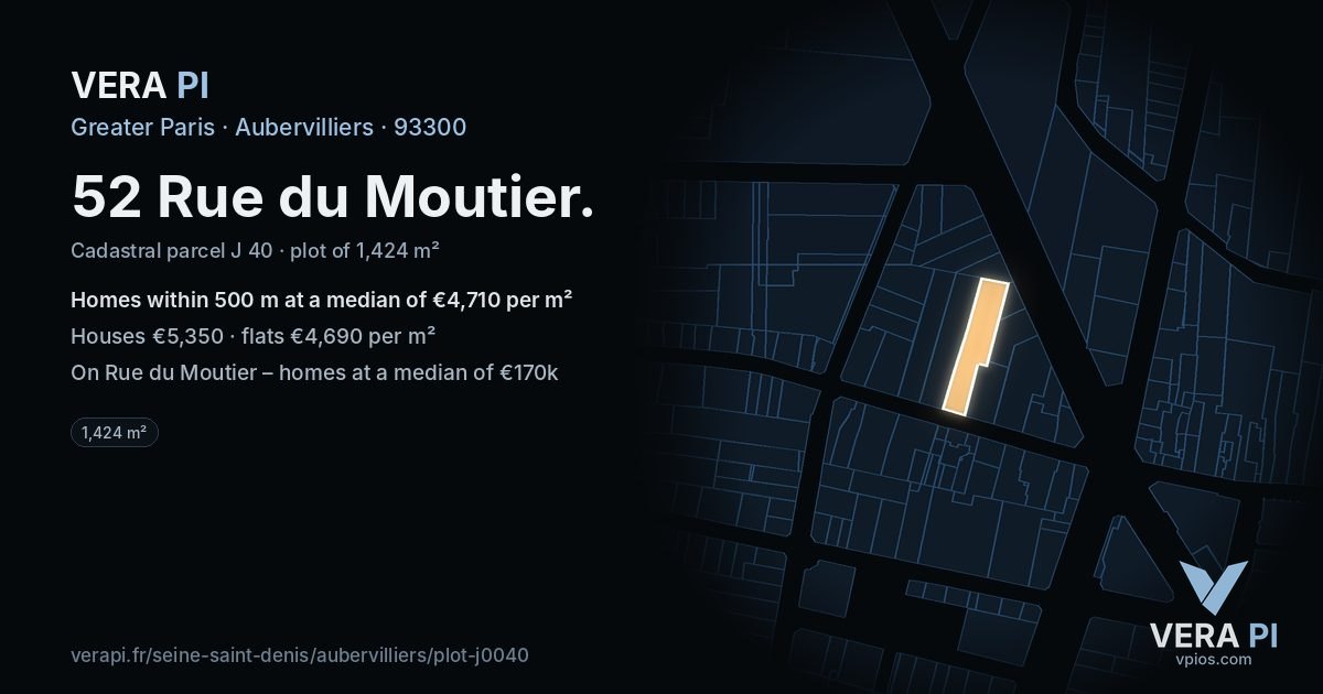 52 Rue du Moutier, Aubervilliers at night – the plot lit, the parcels around coloured by the prices near them