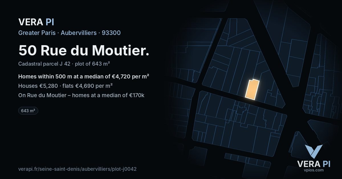 50 Rue du Moutier, Aubervilliers at night – the plot lit, the parcels around coloured by the prices near them